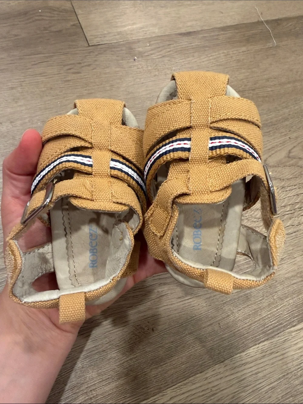 Robeez Baby Tan Canvas Sandals with Striped Accent